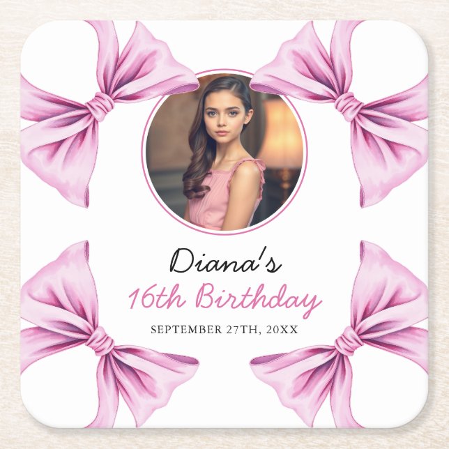 Posavasos Cuadrado De Papel Elegante Bow Rosa Coquette Foto Dulce 16 Cumpleaño (Anverso)