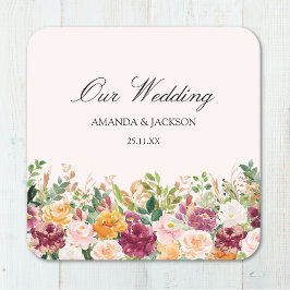 Posavasos Cuadrado De Papel Elegante caligrafía acuarela Rosa Boda de flor