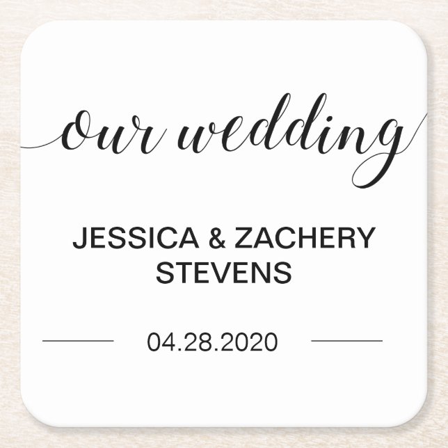 Posavasos Cuadrado De Papel Elegante caligrafía Boda blanco y negro (Anverso)