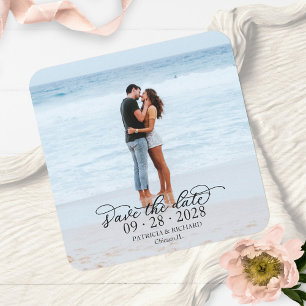 Posavasos Cuadrado De Papel Elegante Caligrafía Foto Boda Guardar la Fecha
