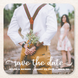 Posavasos Cuadrado De Papel Elegante Caligrafía Pareja Foto Save The Date