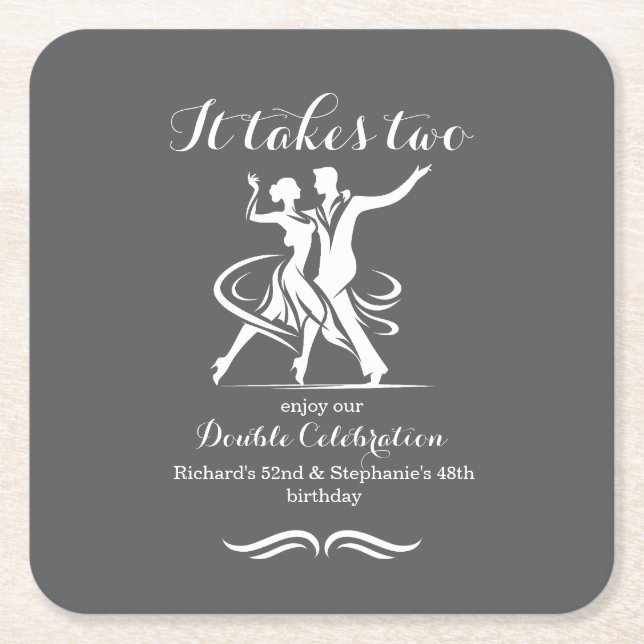 Posavasos Cuadrado De Papel Elegante celebración de cumpleaños conjunta de par (Anverso)
