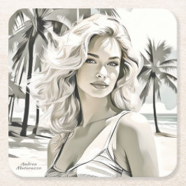 Posavasos Cuadrado De Papel Elegante chica en blanco y negro