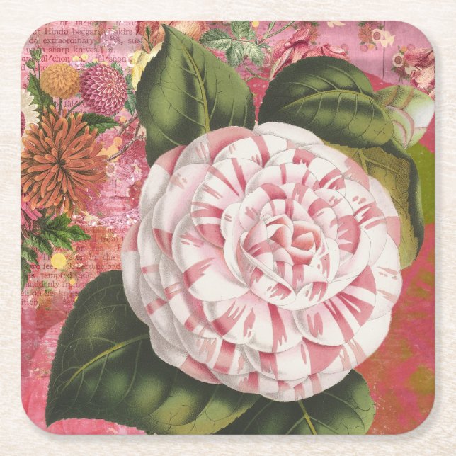 Posavasos Cuadrado De Papel Elegante Collage floral de Camellia (Anverso)
