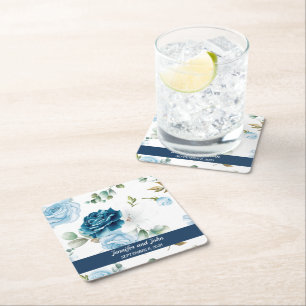 Posavasos Cuadrado De Papel Elegante color de agua Rosas azules Boda floral