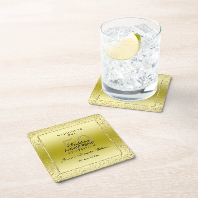 Posavasos Cuadrado De Papel Elegante Confetti de oro 50.ª plaza Boda  (In situ)