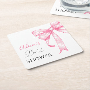 Posavasos Cuadrado De Papel Elegante Coqueta Retro Rosa Lazo Lluvia de Boda