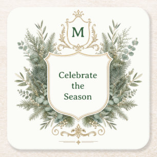 Posavasos Cuadrado De Papel Elegante Cresta Botánica Monogramada de Fiesta