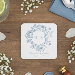 Posavasos Cuadrado De Papel Elegante Cresta de Pájaro Chinoiserie Azul para Bo