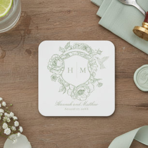 Posavasos Cuadrado De Papel Elegante Cresta de Pájaro Chinoiserie Verde Boda