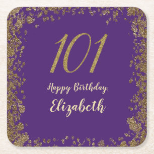 Posavasos Cuadrado De Papel Elegante Cumpleaños 101 Morado y Dorado