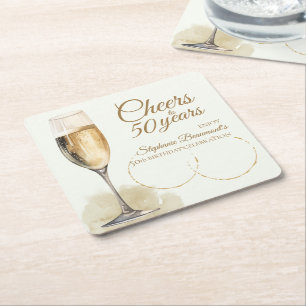 Posavasos Cuadrado De Papel Elegante Cumpleaños 50 Champán Moderno