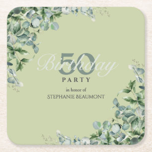 Posavasos Cuadrado De Papel Elegante Cumpleaños 50 de Mujer Flor Verde Pastel