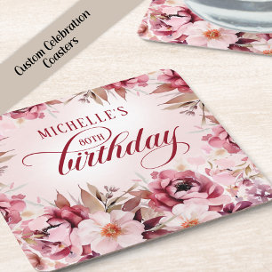 Posavasos Cuadrado De Papel Elegante Cumpleaños 80 Floral Burdeos Rosa