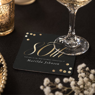 Posavasos Cuadrado De Papel Elegante Cumpleaños 80 Negro y Dorado