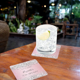 Posavasos Cuadrado De Papel Elegante cumpleaños de plata rosa