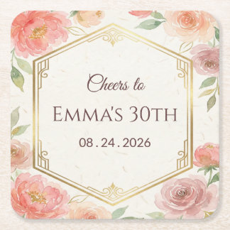 Posavasos Cuadrado De Papel Elegante Cumpleaños Floral Rosa Coral en Dorado Ro