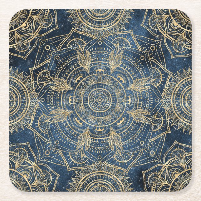 Posavasos Cuadrado De Papel Elegante diseño dorado Mandala azul brillante (Anverso)