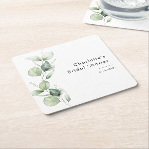 Posavasos Cuadrado De Papel Elegante ducha de novia con vegetación de eucalipt