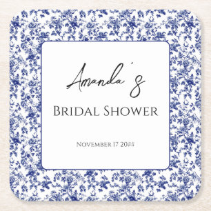 Posavasos Cuadrado De Papel Elegante ducha de novia floral azul toile