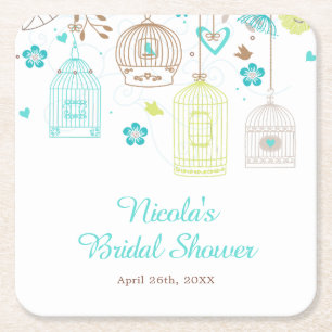 Posavasos Cuadrado De Papel Elegante Ducha de Novia Floral Verde y Azul