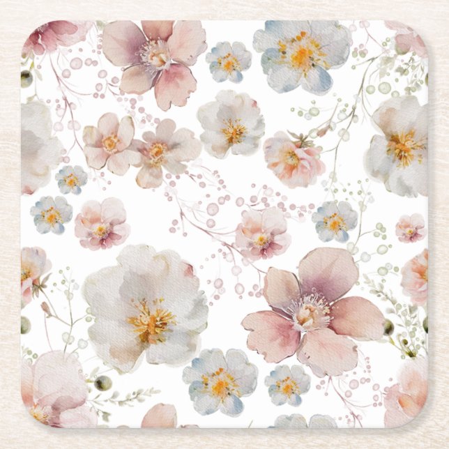 Posavasos Cuadrado De Papel Elegante ducha de novias rosa y turbia flor azul (Anverso)