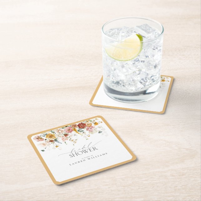 Posavasos Cuadrado De Papel Elegante ducha marrón amarillo acuarela marrón (In situ)