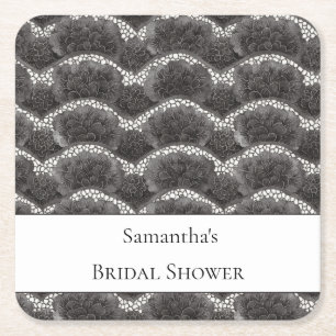 Posavasos Cuadrado De Papel Elegante Duche de Novia Floral Blanco Negro