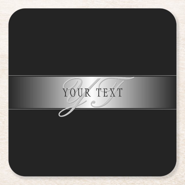 Posavasos Cuadrado De Papel Elegante escritura de monograma editable | Negro (Anverso)
