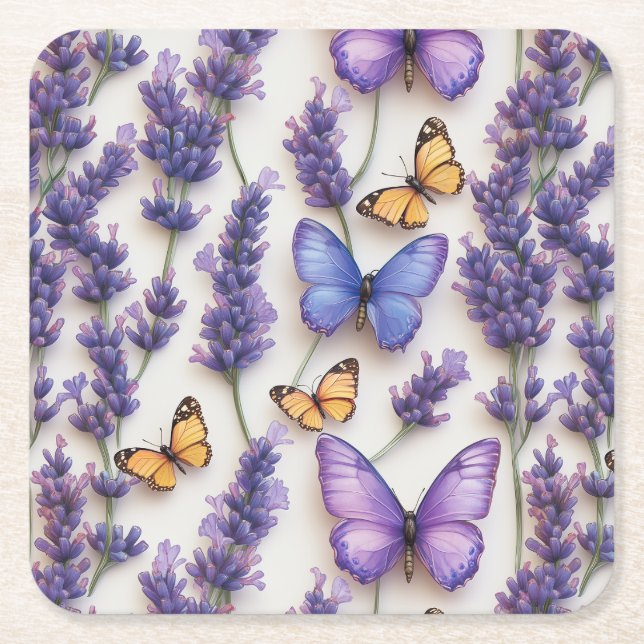 Posavasos Cuadrado De Papel Elegante estilo mariposa y lavanda (Anverso)