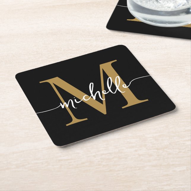 Posavasos Cuadrado De Papel Elegante estilo moderno dorado negro guión de nomb (En perspectiva)
