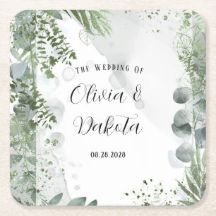 Posavasos Cuadrado De Papel Elegante Eucalyptus Greenery Alcohol Ink Boda
