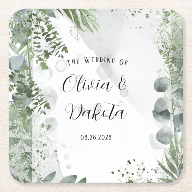 Posavasos Cuadrado De Papel Elegante Eucalyptus Greenery Alcohol Ink Boda (Anverso)