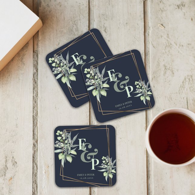 Posavasos Cuadrado De Papel Elegante Eucalyptus Monograma Fiesta de Boda Verde (Subido por el creador)
