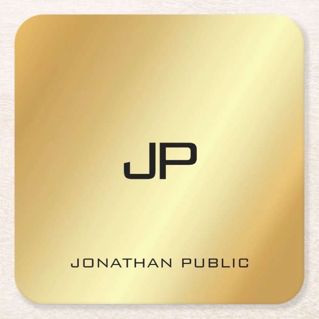 Posavasos Cuadrado De Papel Elegante Faux Gold Monogramado plantilla moderna (Anverso)