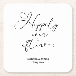 Posavasos Cuadrado De Papel Elegante Felices para Siempre Boda Romántica Blanc