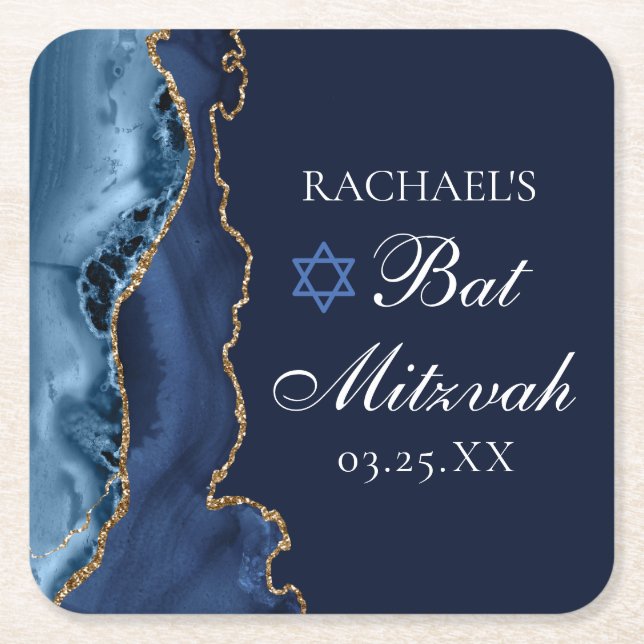 Posavasos Cuadrado De Papel Elegante Fiesta de Bat Mitzvah de la Armada Azul d (Anverso)