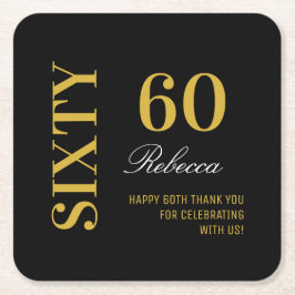 Posavasos Cuadrado De Papel Elegante Fiesta de cócteles Black & Gold 60 Cumple