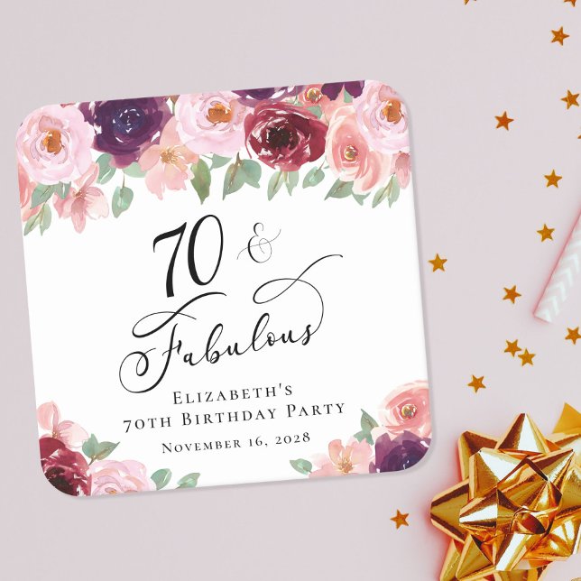 Posavasos Cuadrado De Papel Elegante fiesta de cumpleaños 70 de Floral (Subido por el creador)