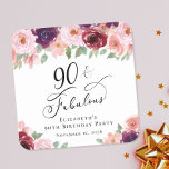 Posavasos Cuadrado De Papel Elegante fiesta de cumpleaños 90 de Floral<br><div class="desc">Elegante montaña rusa para su fiesta de cumpleaños 90 con "90 & Fabulous" en un guión de caligrafía de moda y ramos de acuarela de flores rojas y rosas borgoñas con vegetación sabrosa.</div>