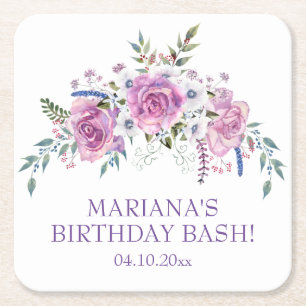 Posavasos Cuadrado De Papel Elegante Fiesta de Cumpleaños Floral de Acuarela P