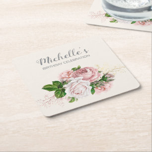Posavasos Cuadrado De Papel Elegante Fiesta de Cumpleaños Floral Vintage Rosa