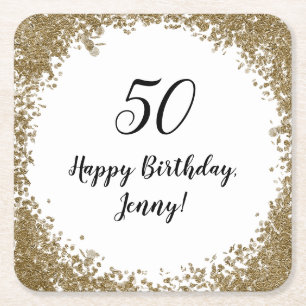 Posavasos Cuadrado De Papel Elegante fiesta de cumpleaños número 50 en negro y