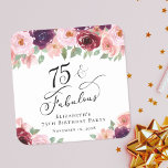 Posavasos Cuadrado De Papel Elegante fiesta de cumpleaños número 75 de Floral<br><div class="desc">Elegante montaña de fiesta de cumpleaños 75 con "75 & Fabulous" en un guión de caligrafía de moda y ramos de acuarela de flores rojas y rosas borgoñas con vegetación sabrosa.</div>