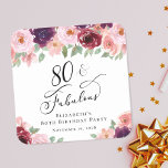 Posavasos Cuadrado De Papel Elegante fiesta de cumpleaños número 80 de Floral<br><div class="desc">Elegante montaña de fiesta de cumpleaños número 80 con "80 & Fabulous" en un guión de caligrafía de moda y flores acuáticas de color rojo burdeos y rosa rubí con vegetación sabrosa.</div>