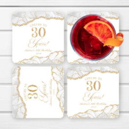 Posavasos Cuadrado De Papel Elegante Fiesta de la White Gold Agate 30 cumpleañ