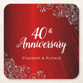 Posavasos Cuadrado De Papel Elegante Fiesta del 40° Aniversario del Rojo Ruby