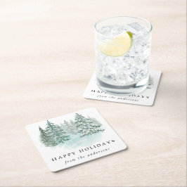 Posavasos Cuadrado De Papel Elegante Fiestia de Navidad Invernal con Verdor de