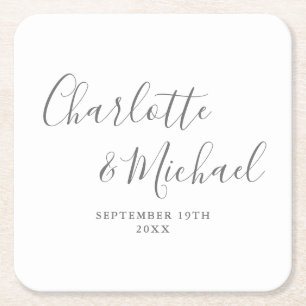 Posavasos Cuadrado De Papel Elegante firma de escritura gris y blanca boda