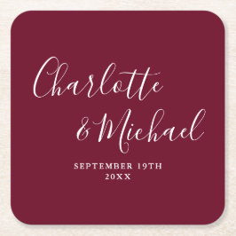 Posavasos Cuadrado De Papel Elegante firma de guión Bodas de color burdeos